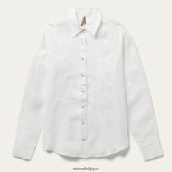 B4286D428 blanc blouse en lin à rayures ton sur ton brodées Stetson femmes vêtements